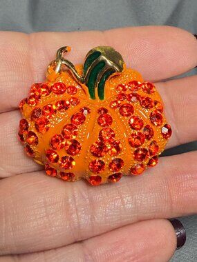 Rhinestone Pumpkin Brooch Orange Enamel Fall Pin Green Stem 1.25"